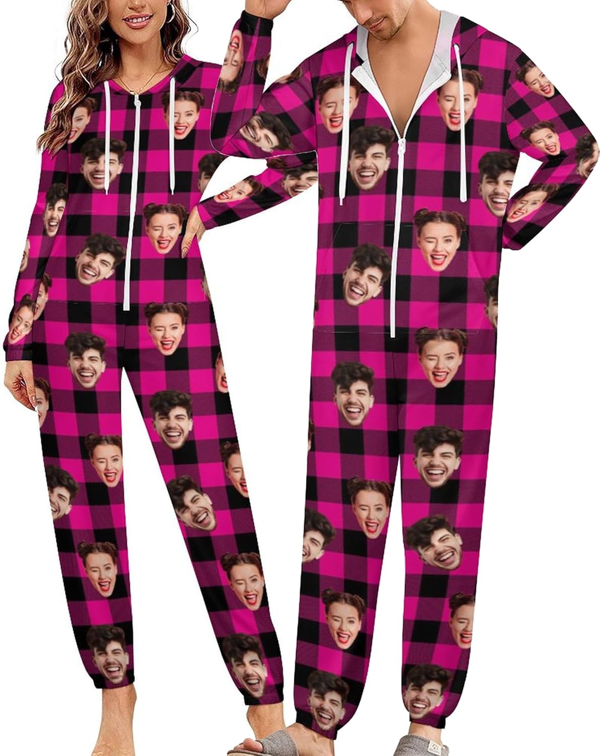 Custom Christmas Onesies for Couples Personalized Face Hoodie Matching Onesie Pajamas Funny Adult Hooded Jumpsuits