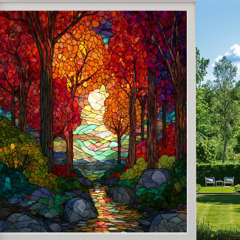 Autumn Forest Path Frosted Window Film, Moonlit Woods Scenery Stained Glass Privacy Film, Heat Insulation Self-Adhesive Vinyl for Bathroom Office, （50x100cm）