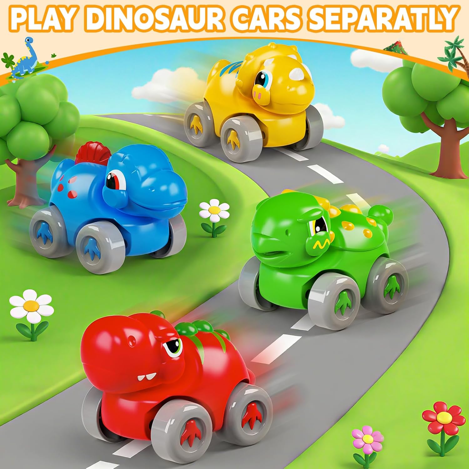 Toddler Toys Gifts for 1 2 Year Old Kids, Educational Dinosaur Slide Toy with 4 Cars for 12-18 Months Baby, First Birthday Chirstmas Gifts for Aged 1-3 Year Old, Push Car Track Toy for Boys Girls - Image 6