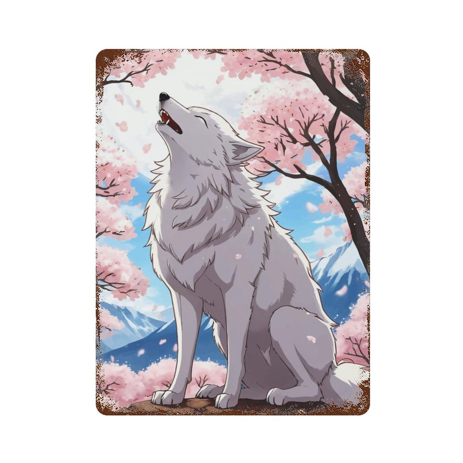 White Wolf in Cherry Blossoms Aged Metal Wall Plaque 15.7"x11.8", Industrial Home Decor for Pub, Kitchen And Man Cave Decor