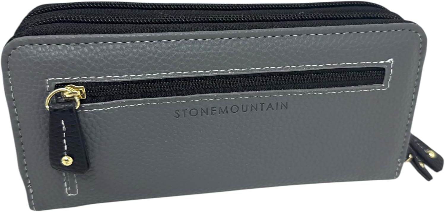 Stone Mountain Double Zip Around Wallet – Large Charcoal Gray Pebble Genuine Leather Wristlet, Women’s Clutch Organizer, 7x2x4 Inches