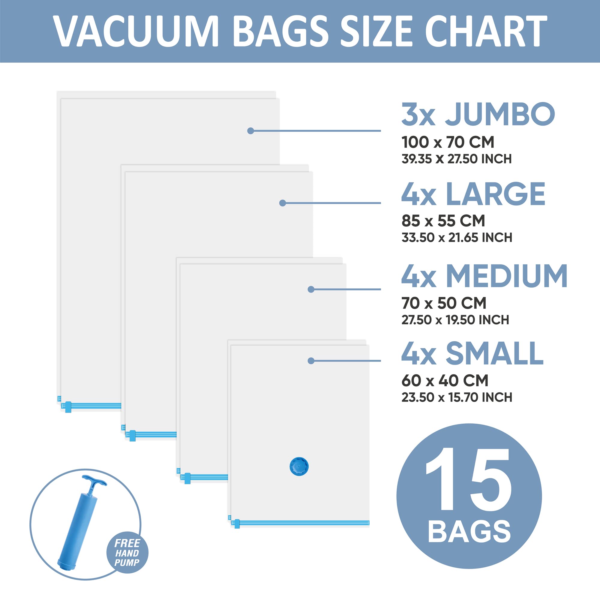 15 bolsas de almacenamiento al vacío que ahorran espacio, bolsas de almacenamiento selladas al vacío (3 jumbo/4 grandes/4 medianas/4 pequeñas) con bomba de mano, bolsas de sellado al vacío para ropa,
