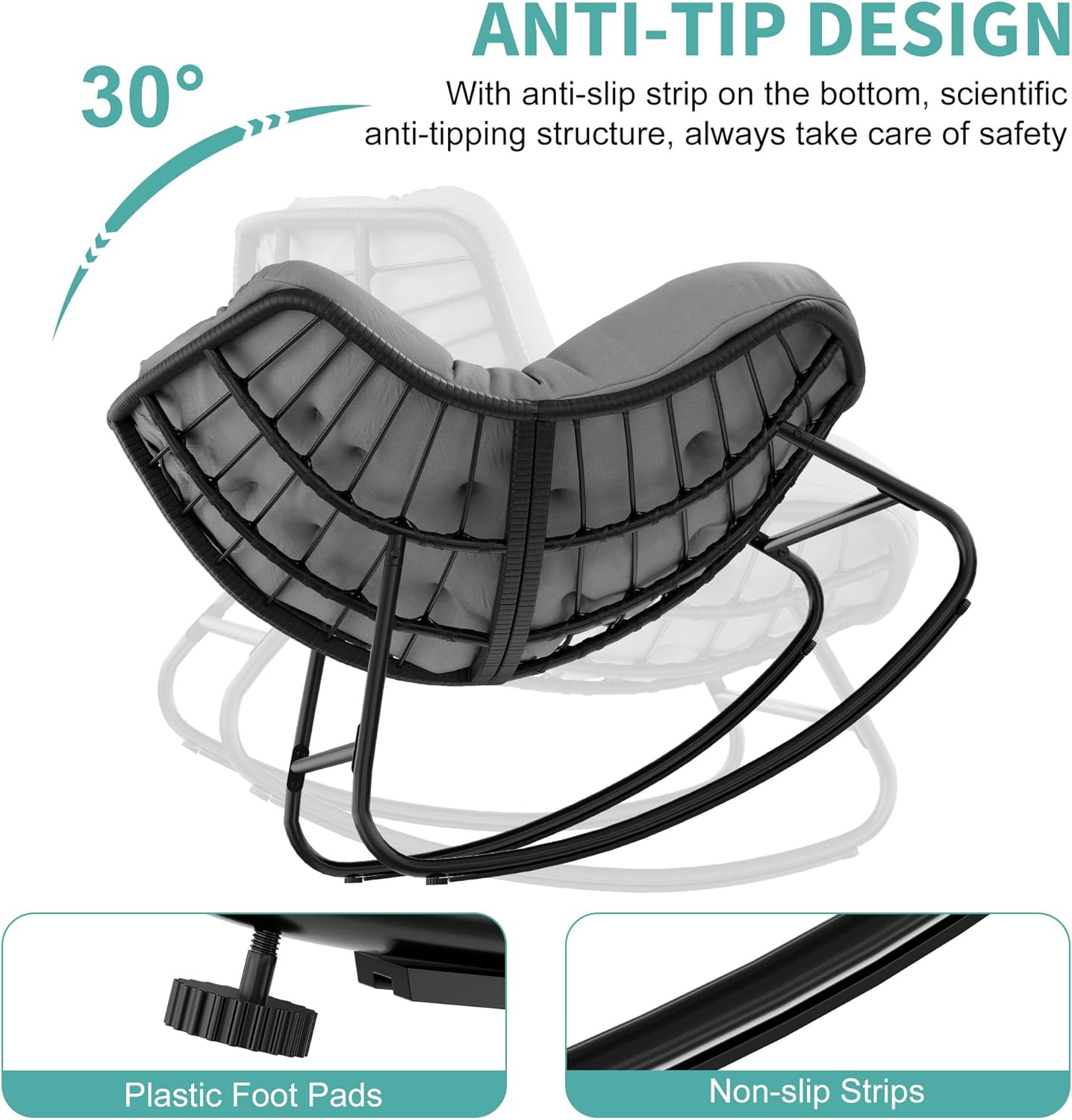 Fancyango Oversized Egg Rocking Chair for Indoor/Outdoor – All-Weather Wicker Rattan Lounge Chair with Cushion, Patio Rocker for Porch, Garden, or Balcony (Grey, 37.8" D x 36.6" W x 33" H)