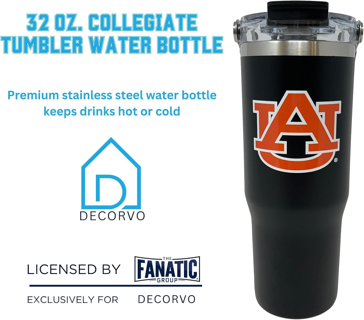 32 oz Collegiate Stainless Steel Tumbler - Double Walled Insulated Water Bottle with Top Handle (Auburn) - Image 5