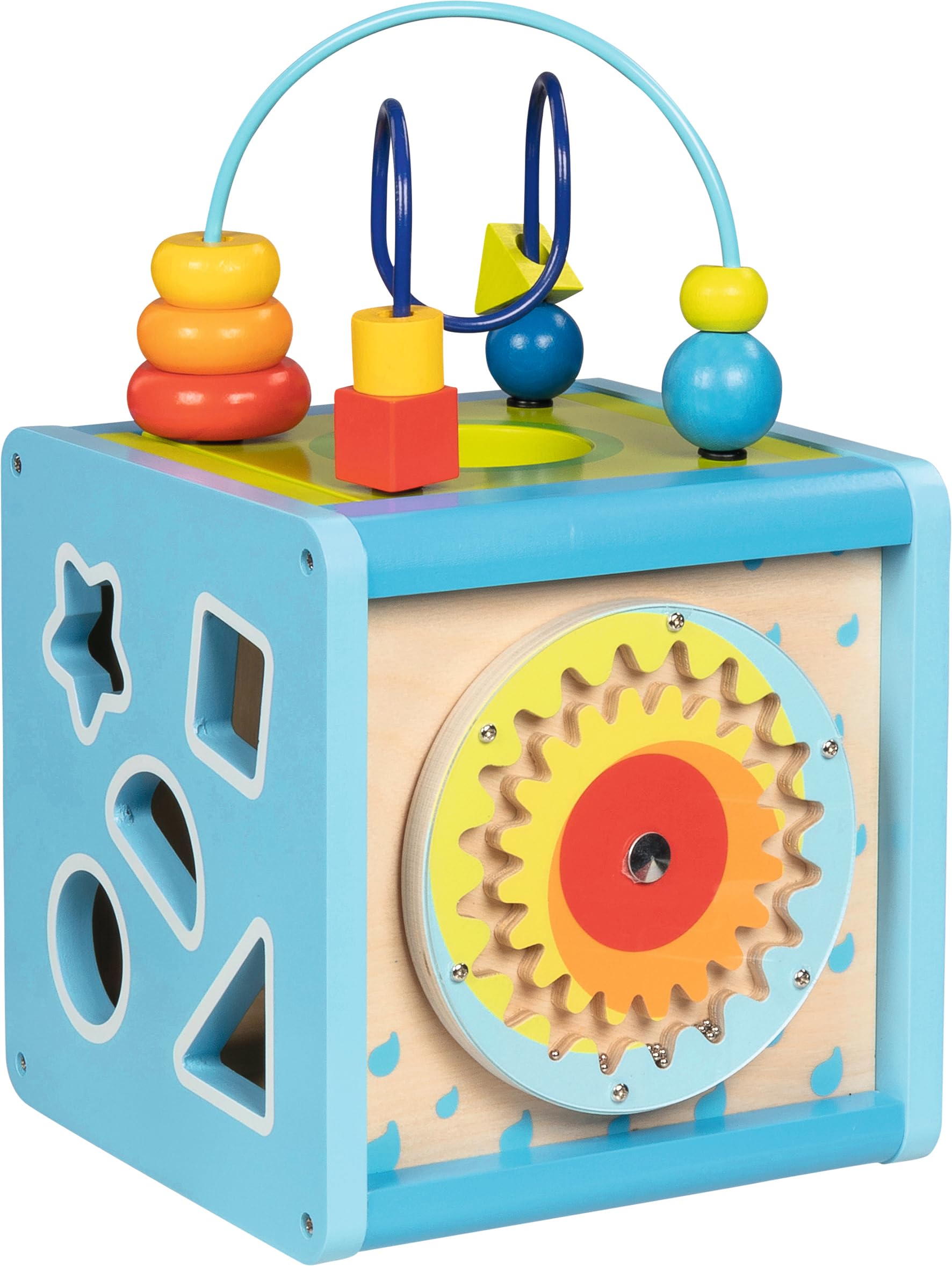 goki 58735 Activity- und Motorikwürfel, 21 x 21 x 32,5 cm, Holz, 5-in-1 Motorikspielzeug mit Steckspiel, Zahnrädern, Spiegel, Motorikschleife, fördert Feinmotorik & Kreativität, ab 12 Monaten