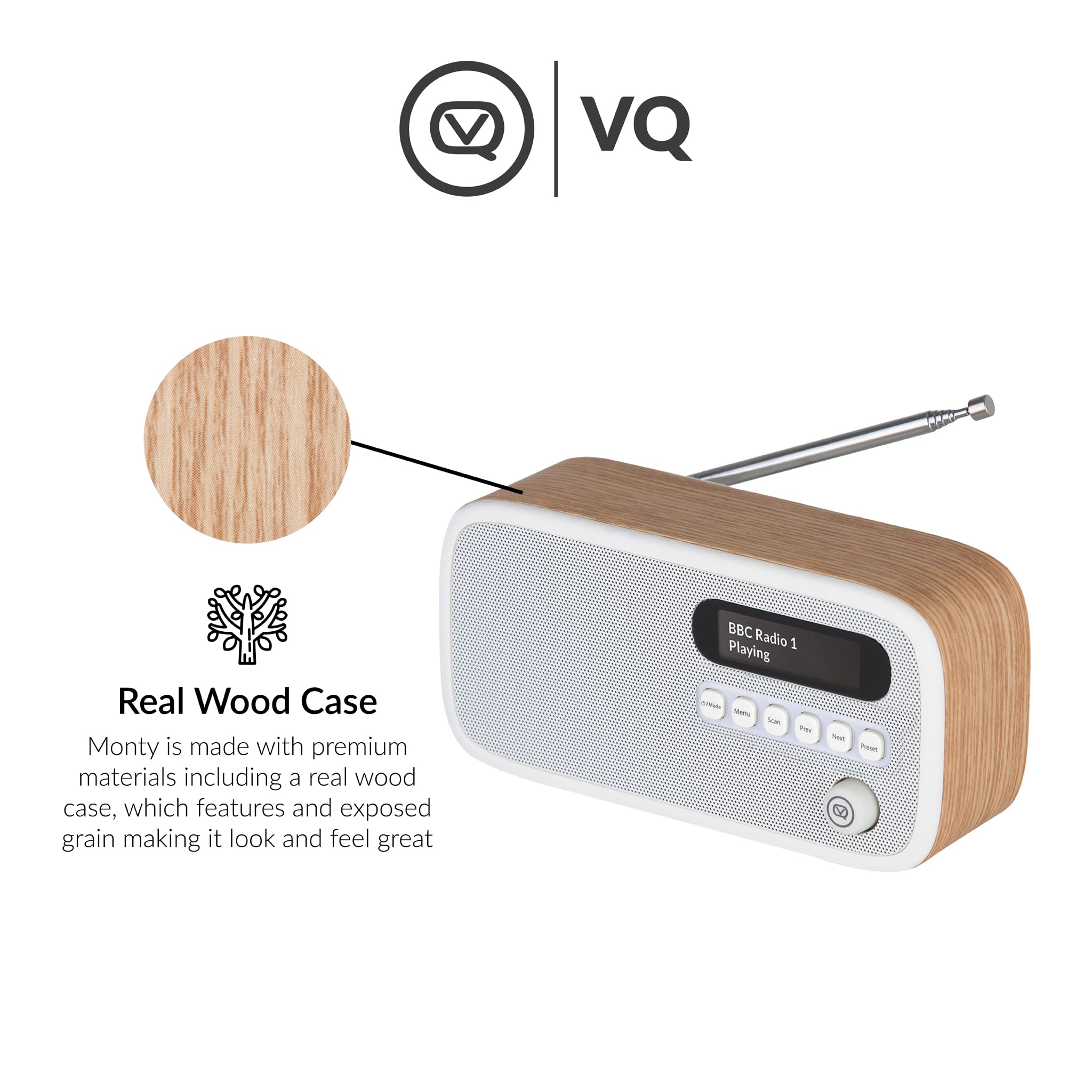 VQ Dexter Radio Dab Plus/Dab con FM, Altavoces Estéreo de 3W y Pantalla LCD - Alimentada por Corriente y Batería Radio Portatil con 60 Presintonías, Antena y Toma de Auriculares - Roble