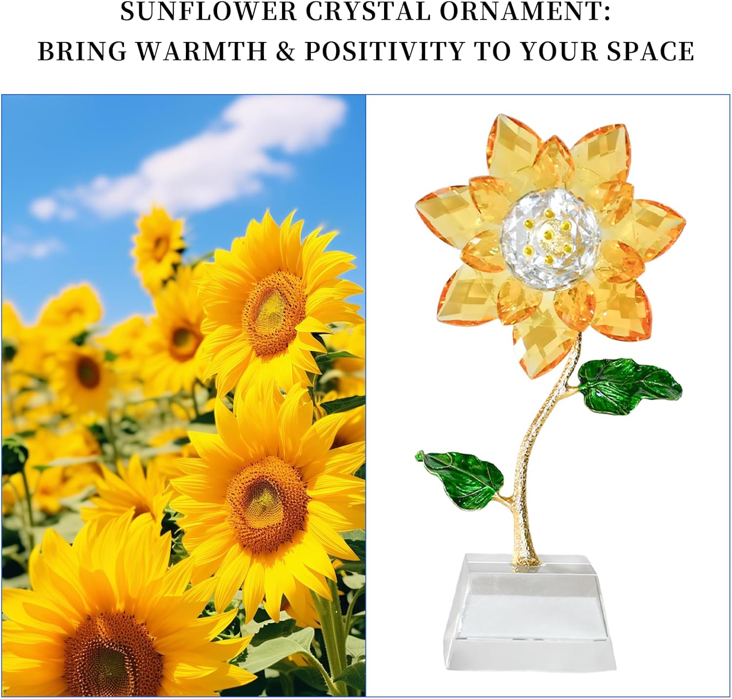 Golden Sunflower Crystal Flower Figurine with Base - Handmade Glass Crystal Sunflower Ornament with Gold-Plated Stem & Green Enamel Leaves, Tabletop Home Decor Good Luck Gift for Women