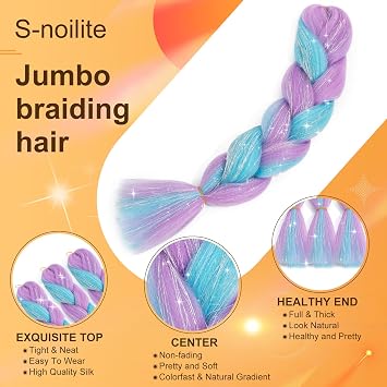 S-noilite Rainbow Jumbo Braiding Hair Extensions Colorful Braide Hairpiece for Box Twist Braids,24 inch 1pc 100g,Long Ombre Crochet Synthetic Hair,Light Pink mix Blue with Tinsels
