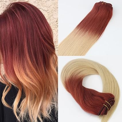 120g Set 2 Tones Color 350 613 Dip Dye Clip In Hair Extensions Dark Copper Red To Blonde Ombre Remy Virgin Human Hair Extensions Straight Long Hair 18 Inch Red To Blonde Amazon Co Uk