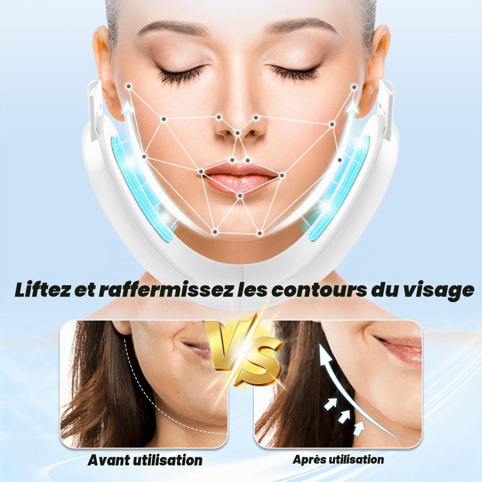 Appareil Massage Facial V-Face, Masseur Facial Électrique EMS, 5 Modes 15 Intensités, Contouring du Visage et de la Mâchoire, Design Pliable (Blanc)