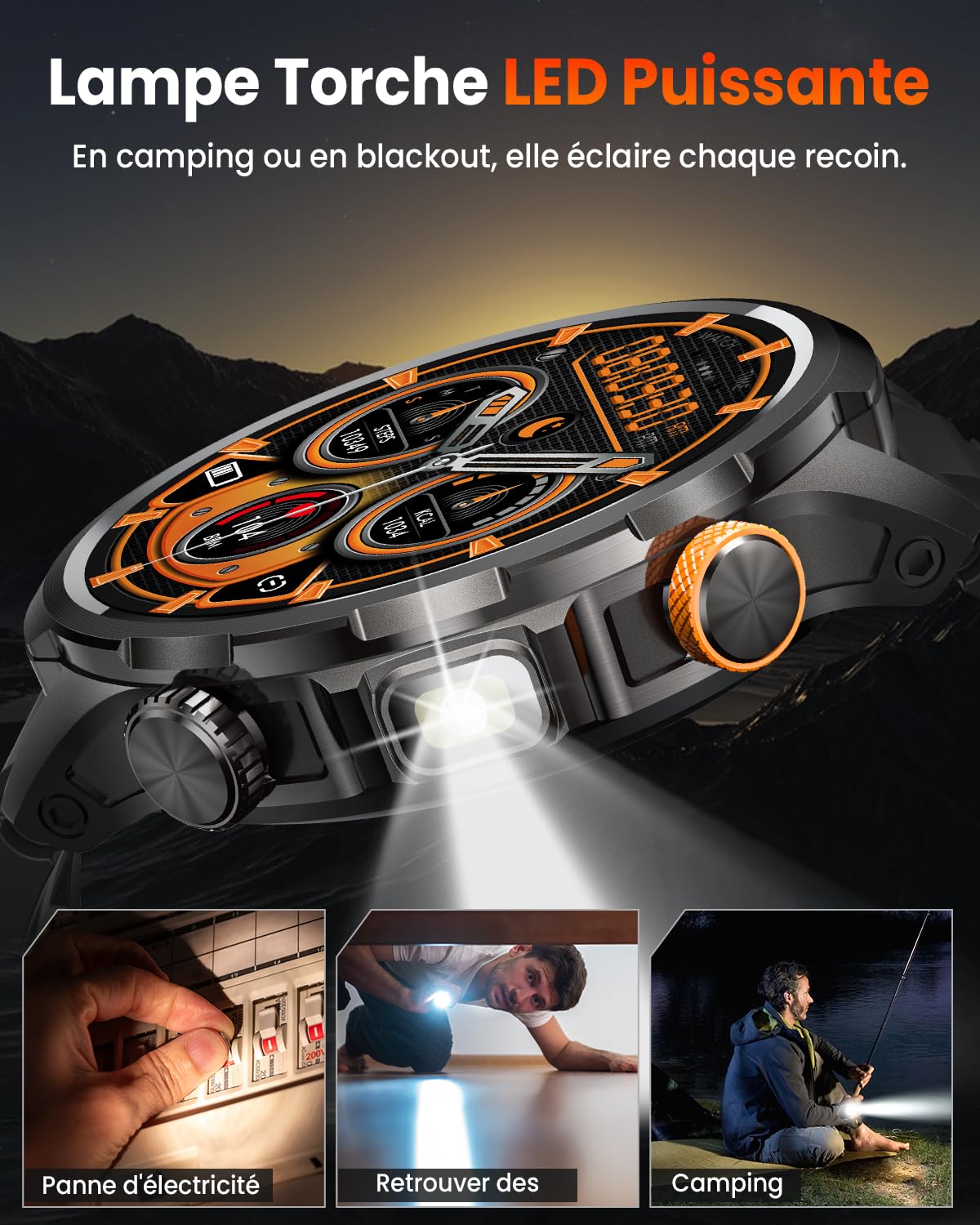 2026 Montre Connectée Homme avec 1000mAh/LED Lampe, 1.91" AMOLED Smartwatch Homme avec Appel Bluetooth, 110+ Modes Sportifs, 5ATM, 24H Sommeil/Fréquence Cardiaque/SpO2, Android iOS