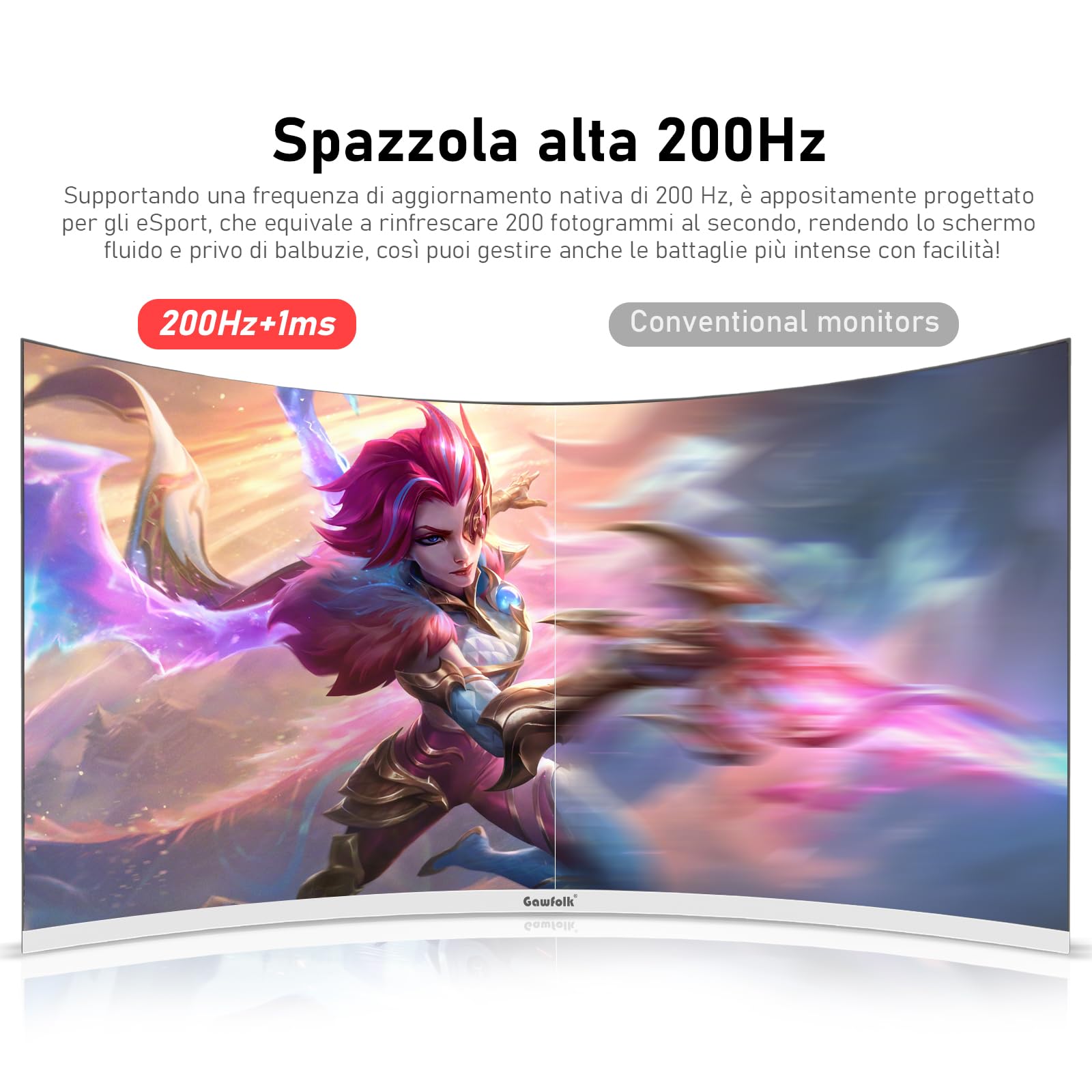 Gawfolk 27 pollici 200Hz curvo monitor per computer da gioco, 1800R，FHD 1080P, 98% sRGB, 1ms，FreeSync，Altoparlante integrato,HDMI、DisplayPort，Compatibile con il montaggio a parete 100*100mm - bianco