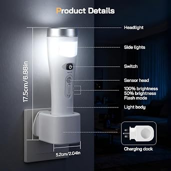Plug in Motion Sensor Night Light, 4 in 1 Automatic Power Failure Light, Emergency Light, Portable LED Torch, Wireless Induction Charging Plug in Night Light for Hallway Stairs Bedroom, 4 Pack [Energy Class A]