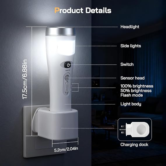 Plug in Motion Sensor Night Light, 4 in 1 Automatic Power Failure Light, Emergency Light, Portable LED Torch, Wireless Induction Charging Plug in Night Light for Hallway Stairs Bedroom, 4 Pack [Energy Class A]