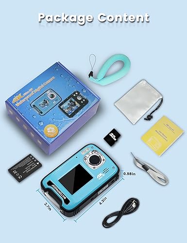 Miniatura 7 de Cámara subacuática 4K 48MP Autofocus Selfie Cámara impermeable de doble pantalla con correa flotante y tarjeta de 32 GB, cámara digital compacta
