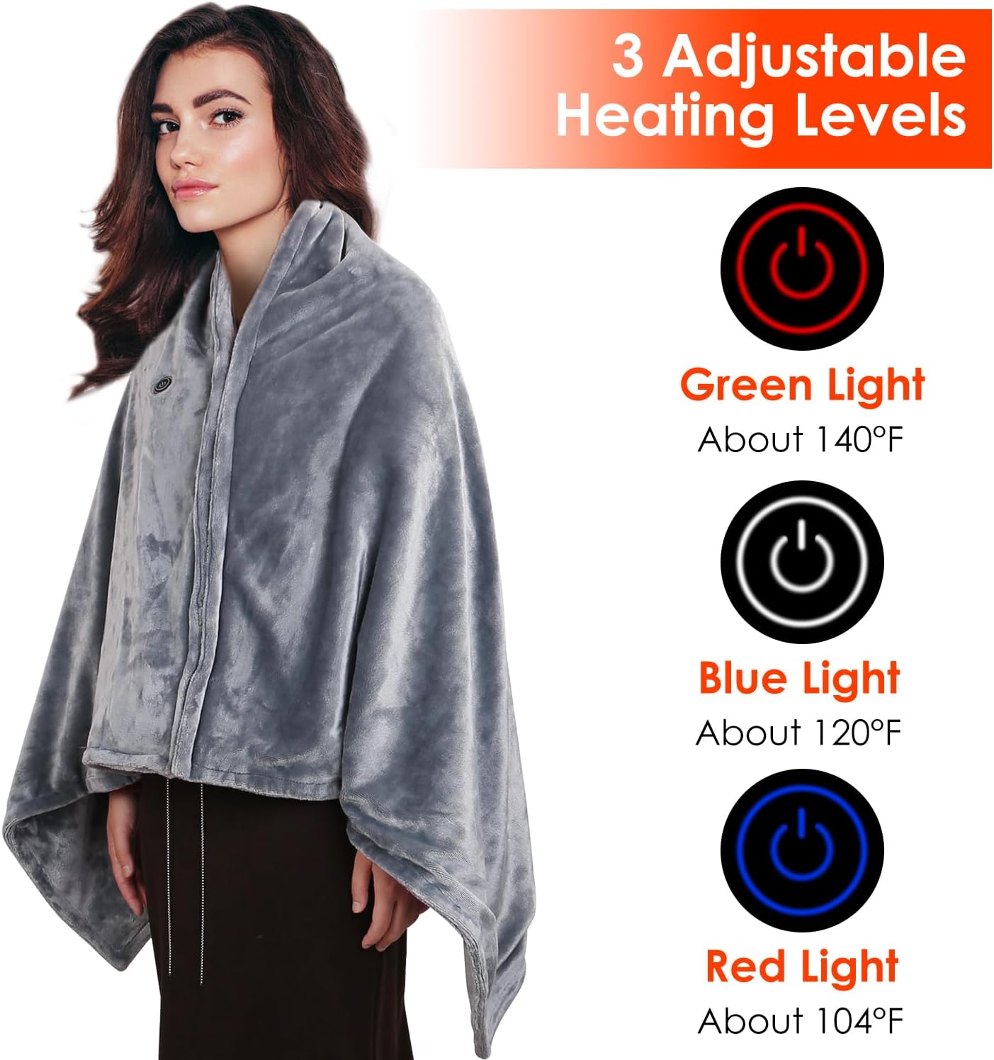 TeqHome USB Heated Blanket, Electric Blanket Throw with 3 Heating Levels & 8 Heating Zones, Portable Wearable Soft Flannel Heated Shawl for Home Office Couch Camping, Machine Washable, Grey - 59"x31"