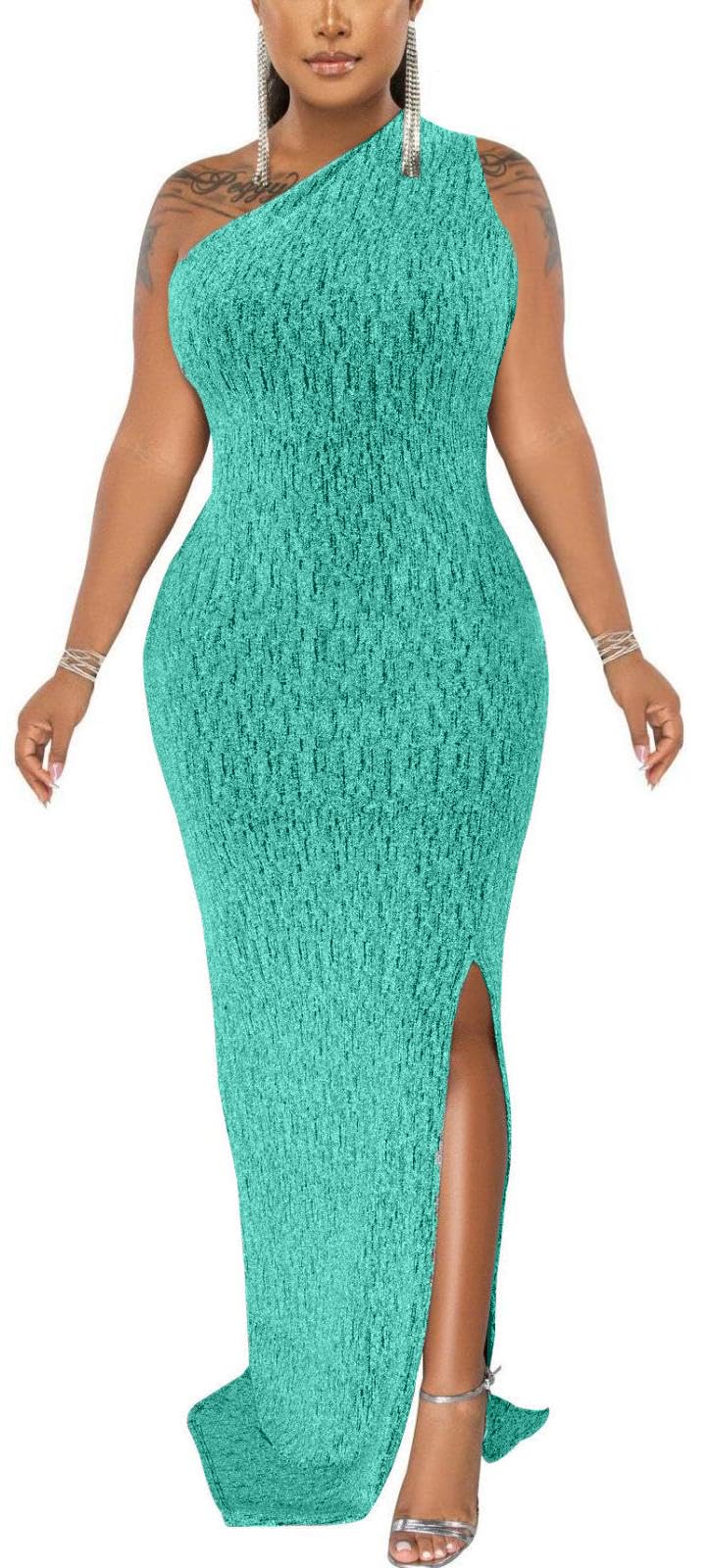 Formal Dress for Women Elegant Sparkly One Shoulder Sleeveless High Split Cocktail Party Prom Dresses