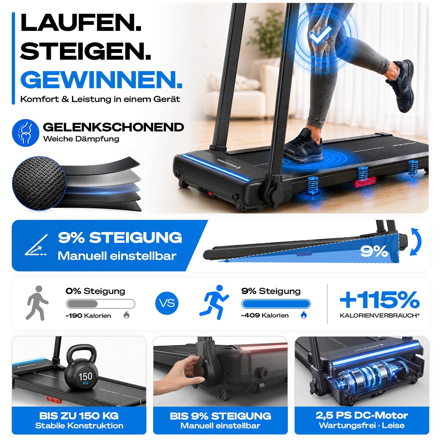 Sportstech sProRun Laufband für Zuhause klappbar, Laufband mit Steigung 9% | – 12 km/h, bis 120 kg, leise, LED Pulszonen, Premium App, Tablethalter für Home Workout, Designed in Germany