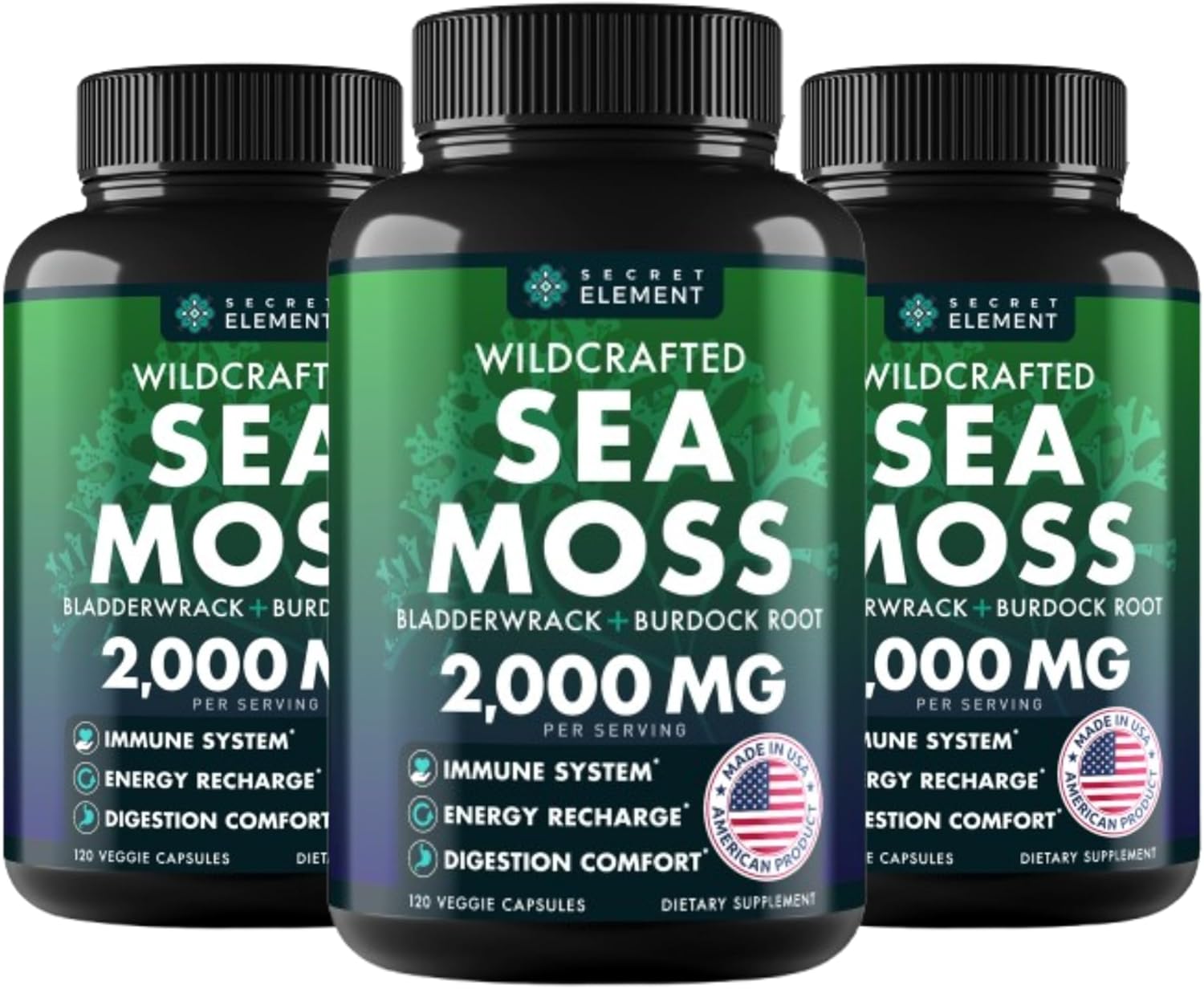 Sea Moss Capsules - Irish Sea Moss Advanced with Burdock Root, Bladderwrack & Muira Puama for Immunity, Gut, & Energy - Superfood Sea Moss Supplements w/Raw Sea Moss Powder, 120 Capsules, (3 Pack)