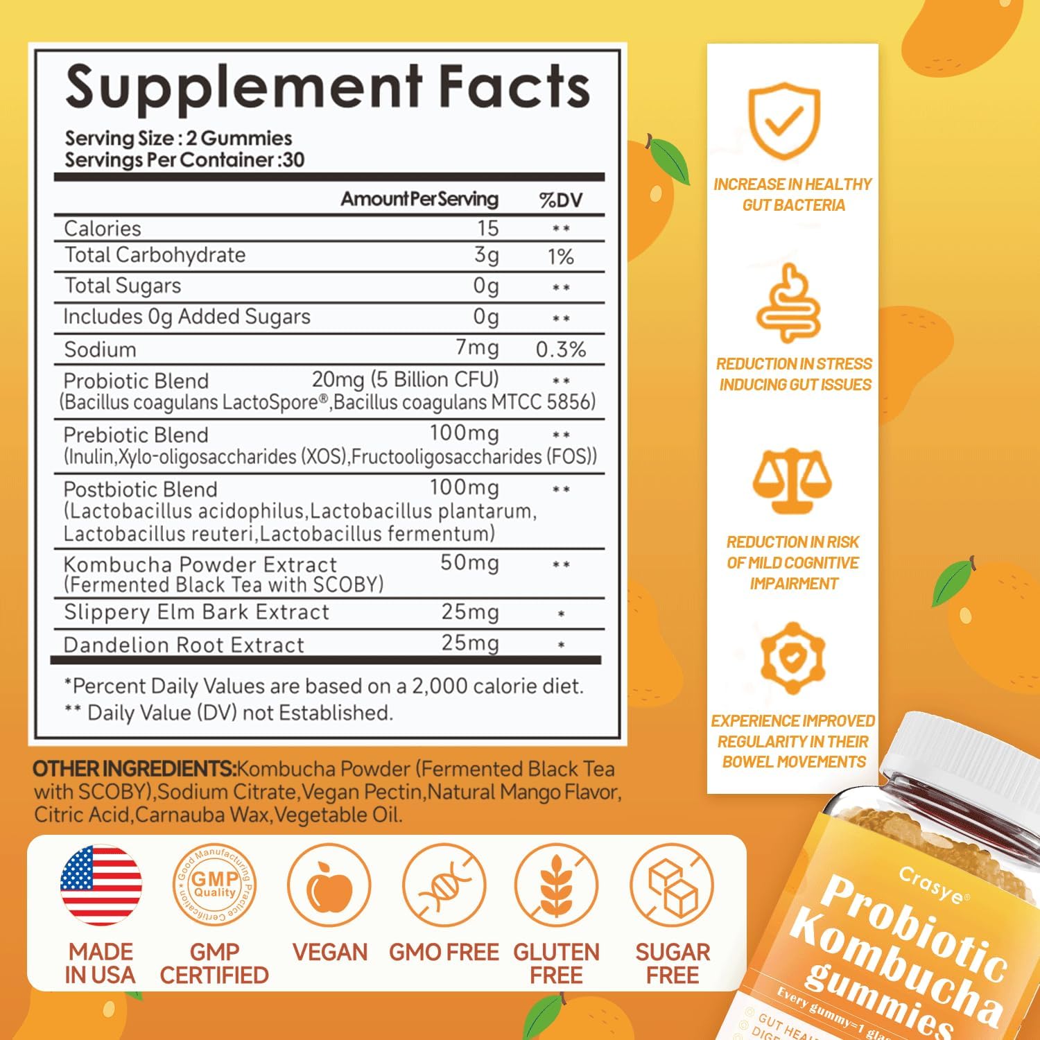 Probiotic Kombucha Gummies Sugar Free Prebiotic Postbiotic Probiotics Gummies with Slippery Elm for Women and Men Bloating Gut Health Immune and Digestive Support - 60 Gummies - 30 Servings - Image 2