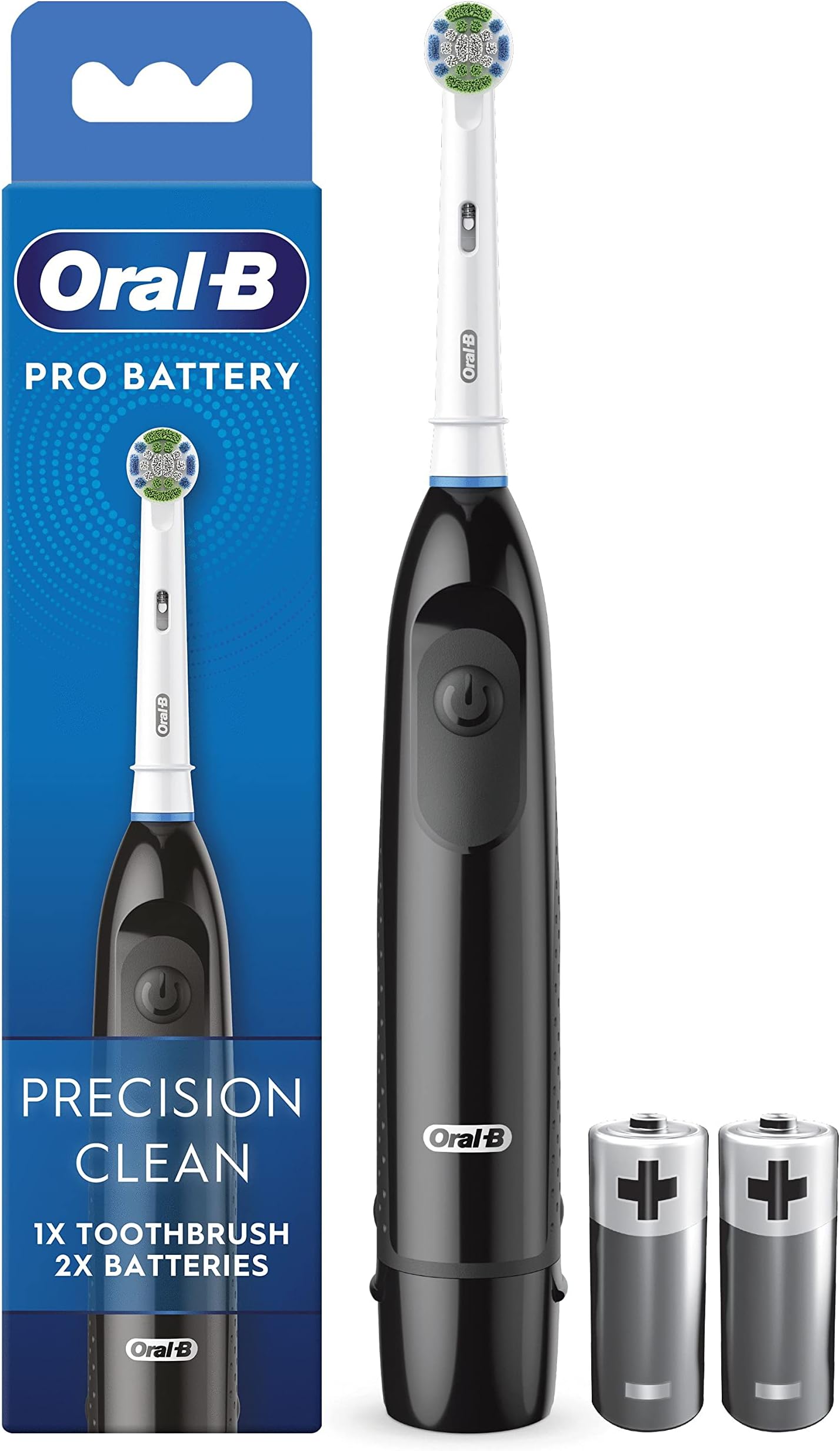 Pro Battery Toothbrush, Precision Clean Toothbrush Head, Plaque Remover for Teeth, 2 Batteries Included, Black