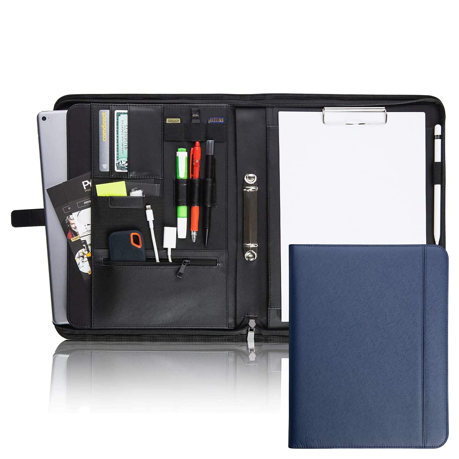 Vebon® Schreibmappe Ringbuch A4"Paris" I Reißverschluss + Klemmbrett I Dokumentenmappe + Laptoptasche I extra Stauraum I Kunstleder