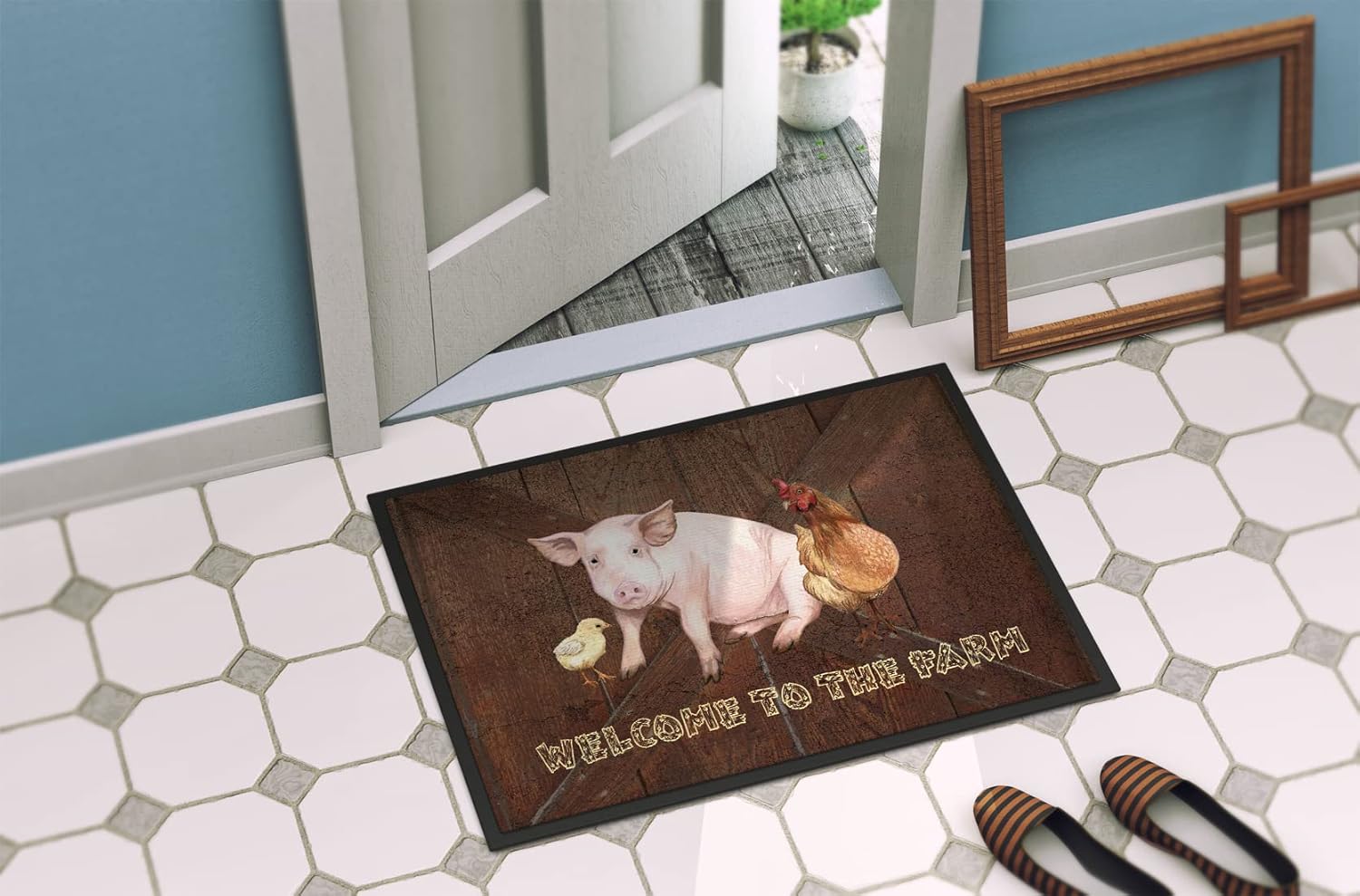 Caroline's Treasures SB3083MAT Welcome to The Farm with The Pig and Chicken Doormat 18x27 Front Door Mat Indoor Outdoor Rugs for Entryway, Non Slip Washable Low Pile, 18H X 27W