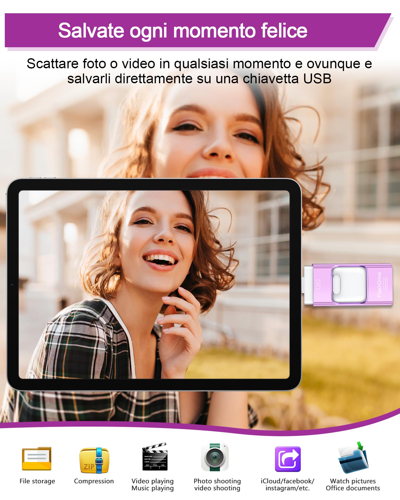 ZARMST Chiavetta USB da 512 GB per Telefono, Pendrive Espansione di Memoria Esterna, per Smartphone, Android, Computer, Laptop, PC, Dati, Immagini/Film, Con un Solo Clic (Viola)