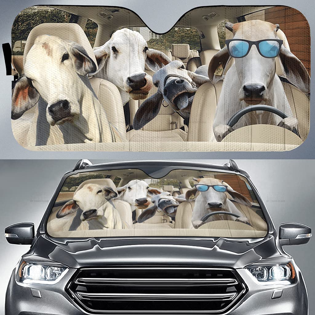Funny Brahman Cattle Family Driving In Summer Farm Lover Car Sunshade Windshield Window, Gift For Farmer, Car Windshield Durable Auto Visor for UV