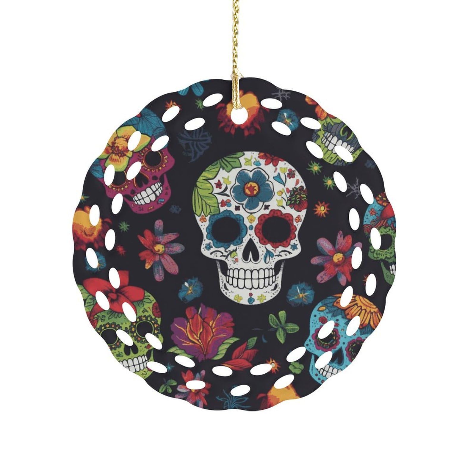 Fodpand Women's Style Flower Cactus Sugar Skull Ceramic Ornament For Home Decor 3.2" Round Tree Decoration Christmas Ornaments For Men Double-Sided Design