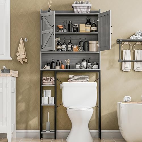 Miniatura 3 de Vabches Armario de almacenamiento sobre el inodoro, armario de almacenamiento de granja sobre inodoro con puertas de granero y soporte de papel