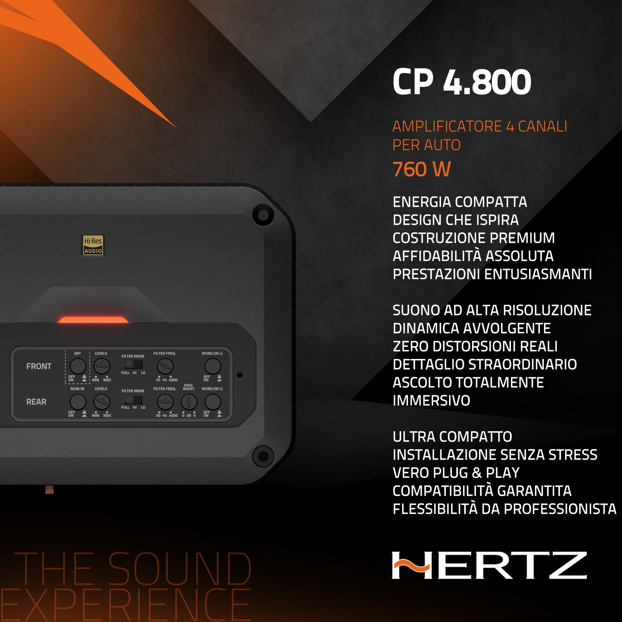 Hertz CP 4.800 – Amplificatore 4 canali 4x190W a 2 Ohm in classe D per sistemi audio ad alta efficienza