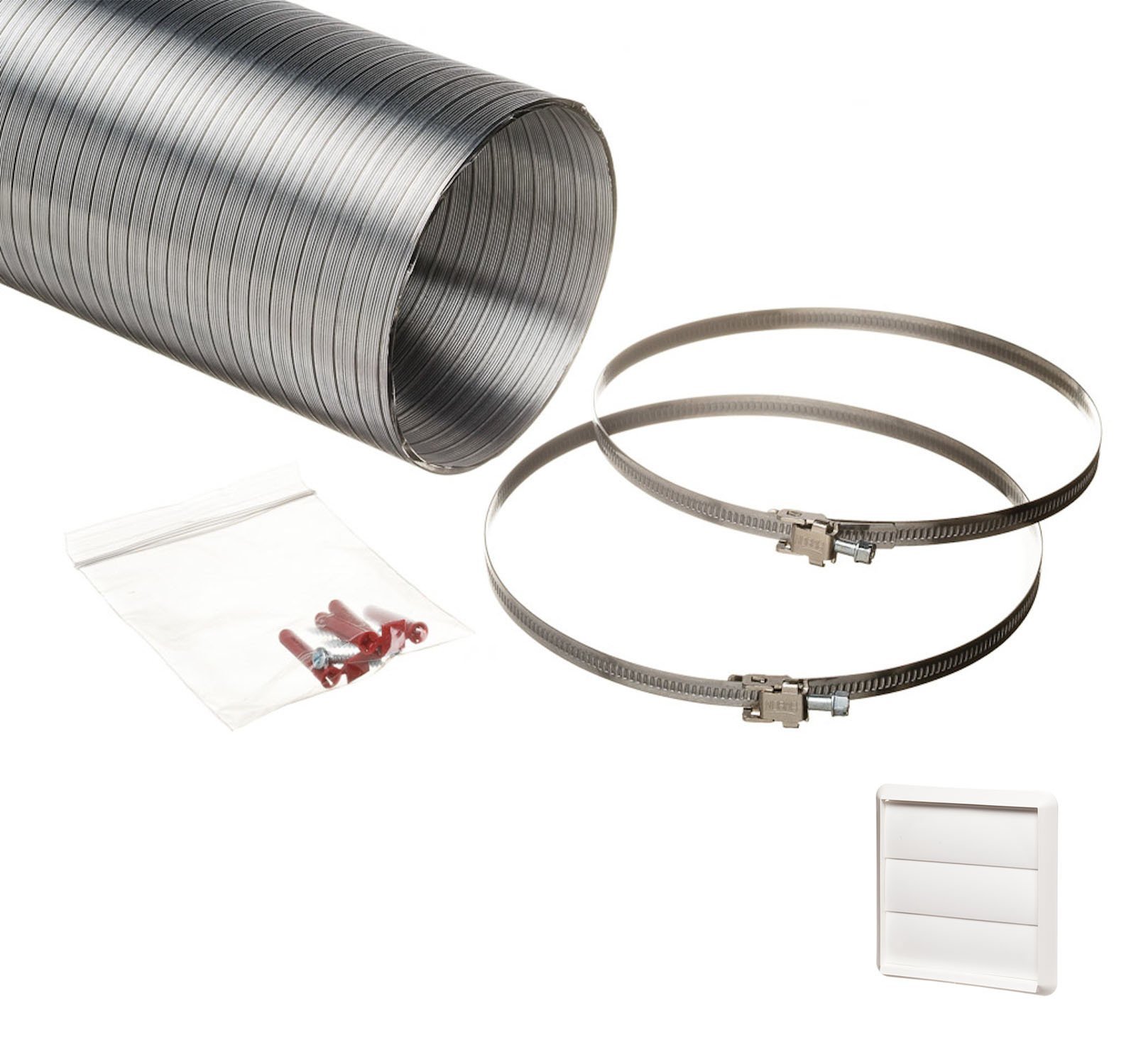Naplesuk White Universal 125Mm Cooker Hood Ducting Kit Semi Rigid Aluminium 127Mm Internal Diameter Hose Length 1.5 Metre With 3 Flaps Gravity Grille