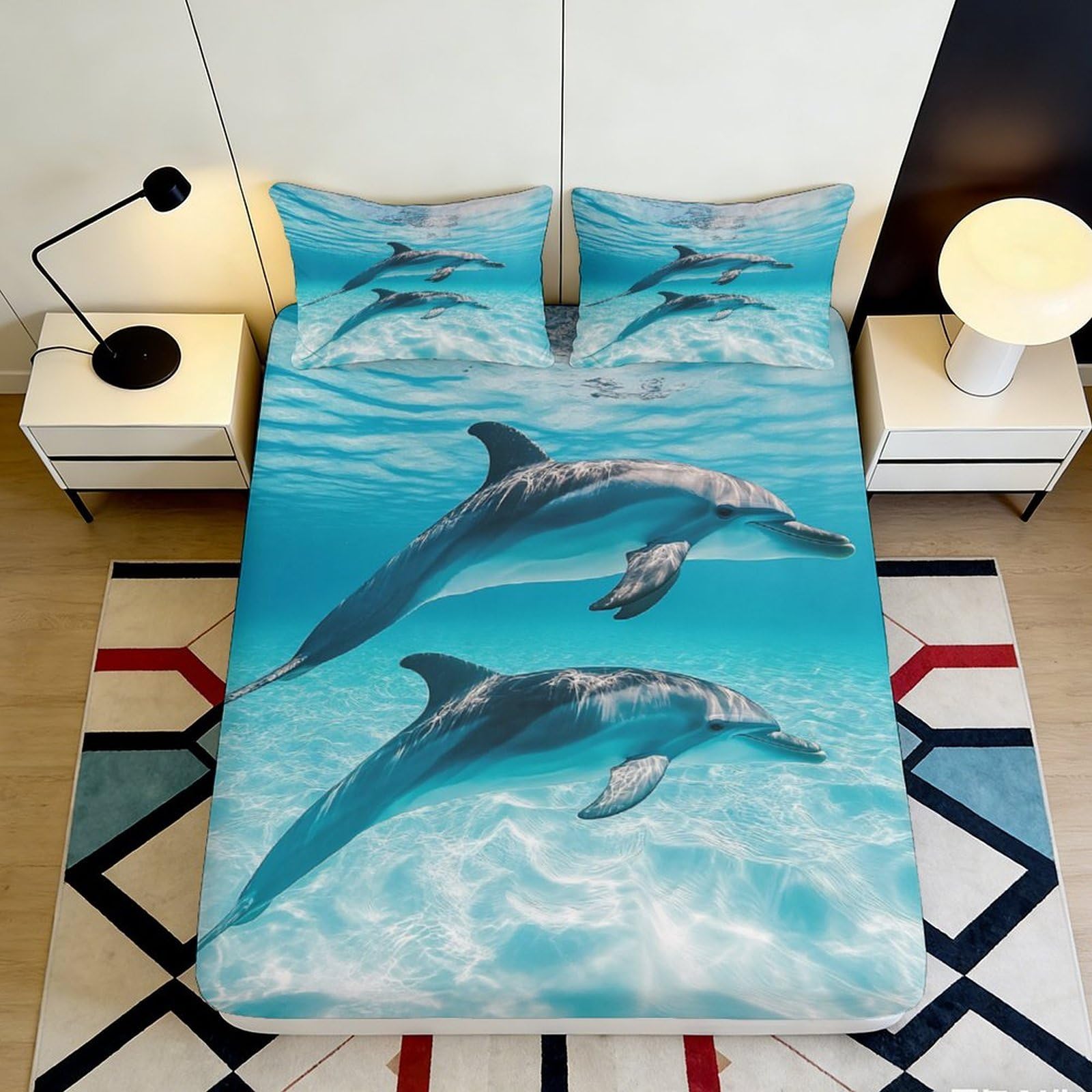 Jqzkxnhpbr Style-4 3D Printed Ocean Dolphin Fitted Sheet Microfiber Soft Blue Sea Mattress Cover For Bedroom Dorm Bed Protection Decor 90X200x25cm