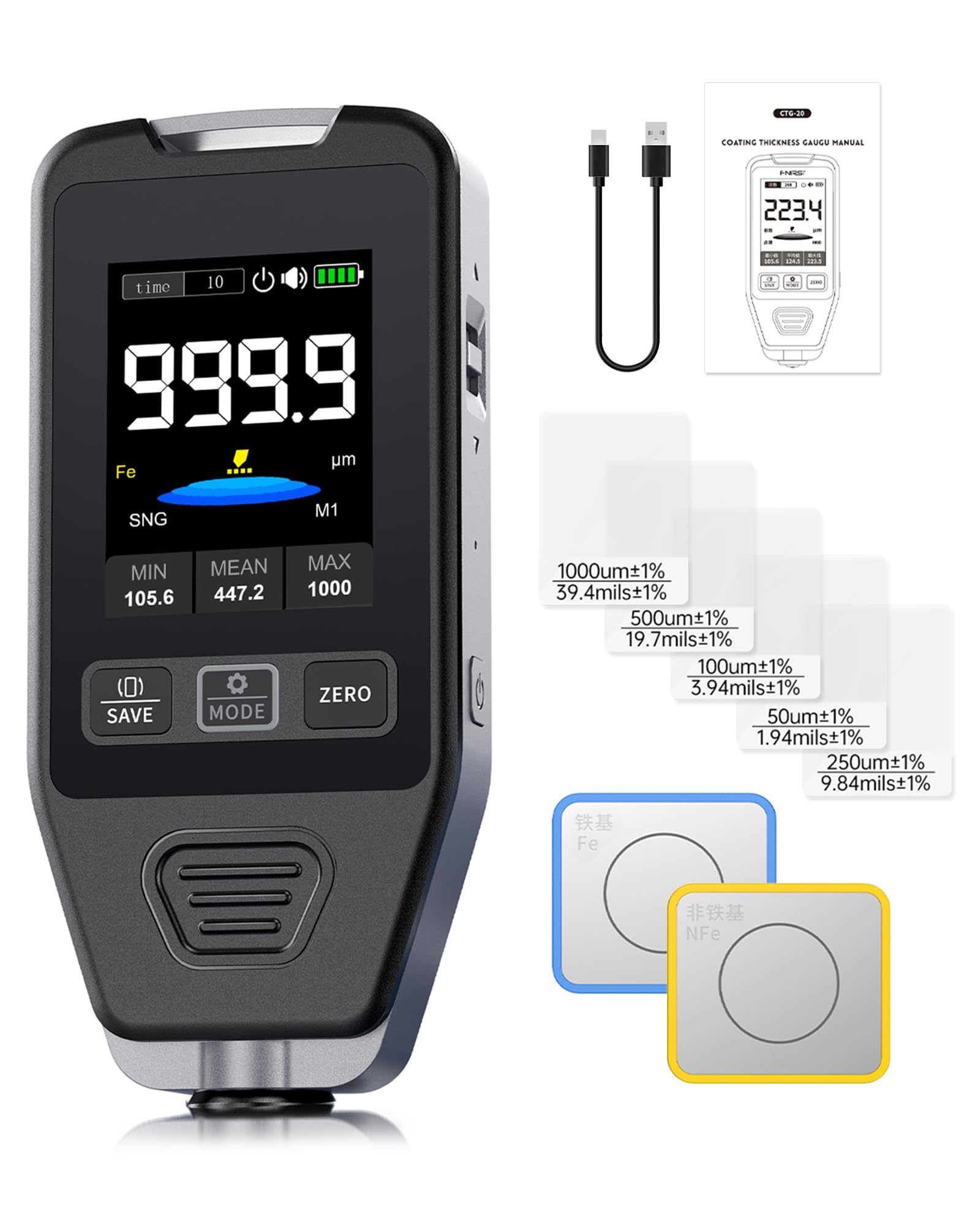 Misuratore di Spessore Rivestimenti, Spessimetro Vernice Auto 0–1400μm, Tester Vernice Digitale per Auto, Rilevamento Automatico Metalli Ferrosi/Non Ferrosi, Ricaricabile USB-C