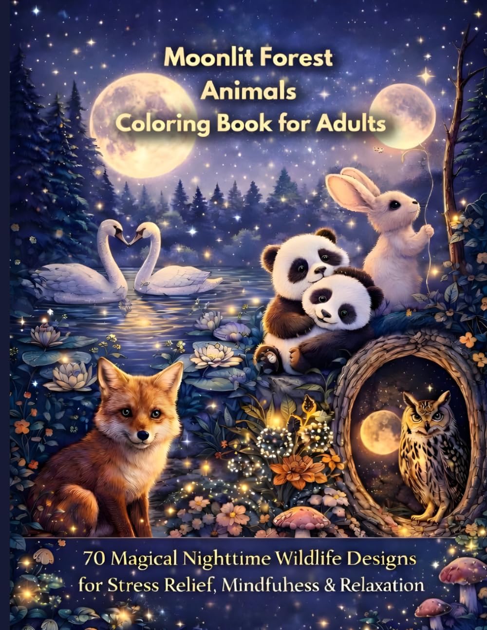 Moonlit Forest Animals Coloring Book for Adults: 70 Magical Nighttime Wildlife Designs for Stress Relief, Mindfulness & Relaxation