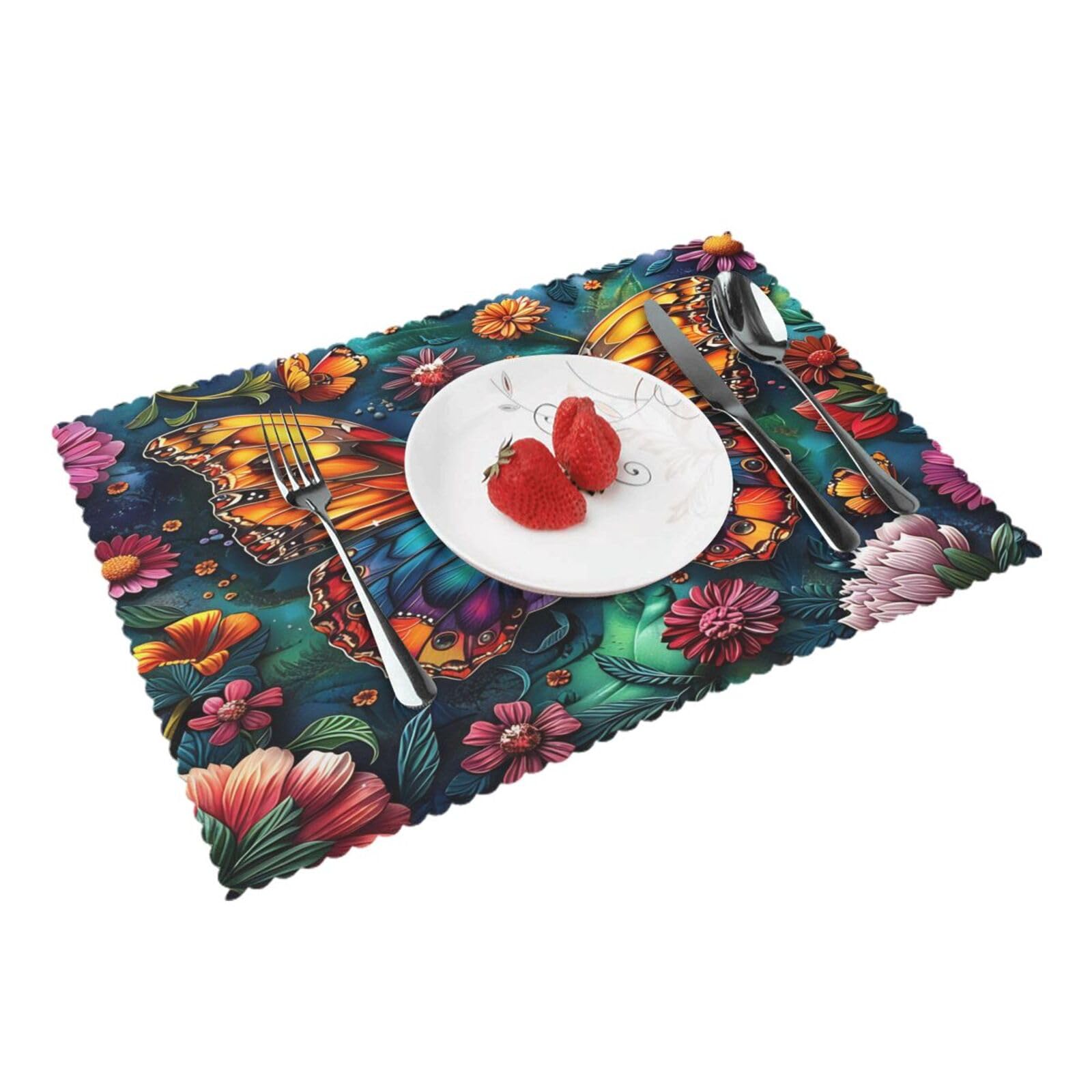 Butterfly Floral Placemats Set of 4 Print Table Mats Place Mats Table Decor for Kitchen Dining 12X18 in
