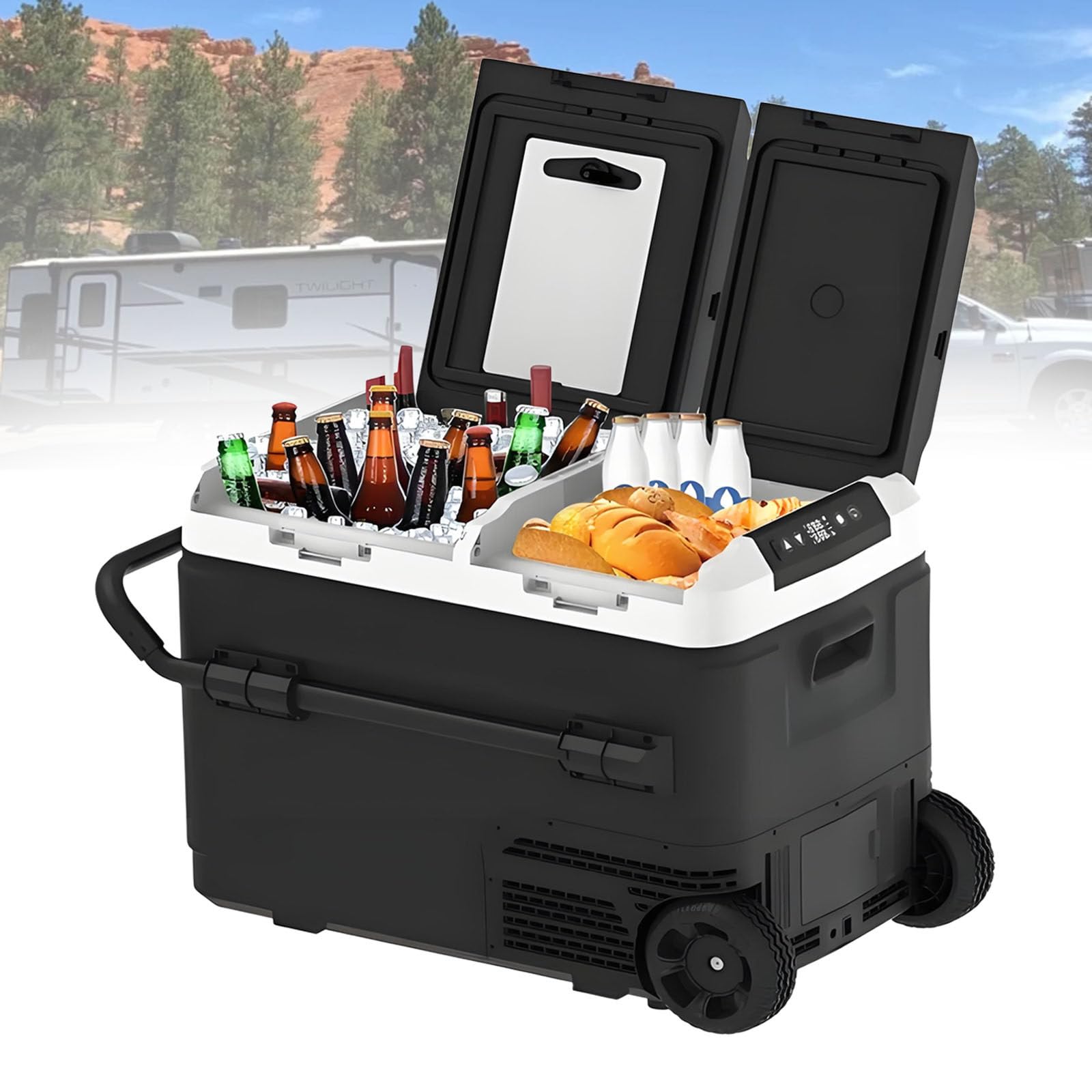 Lodówka samochodowa Dual Zone, -4℉-68℉ Chłodnica elektryczna z kółkami, 12/24V DC, Szybkie chłodzenie do kempingu, caravanu,Withoutbattery-40L