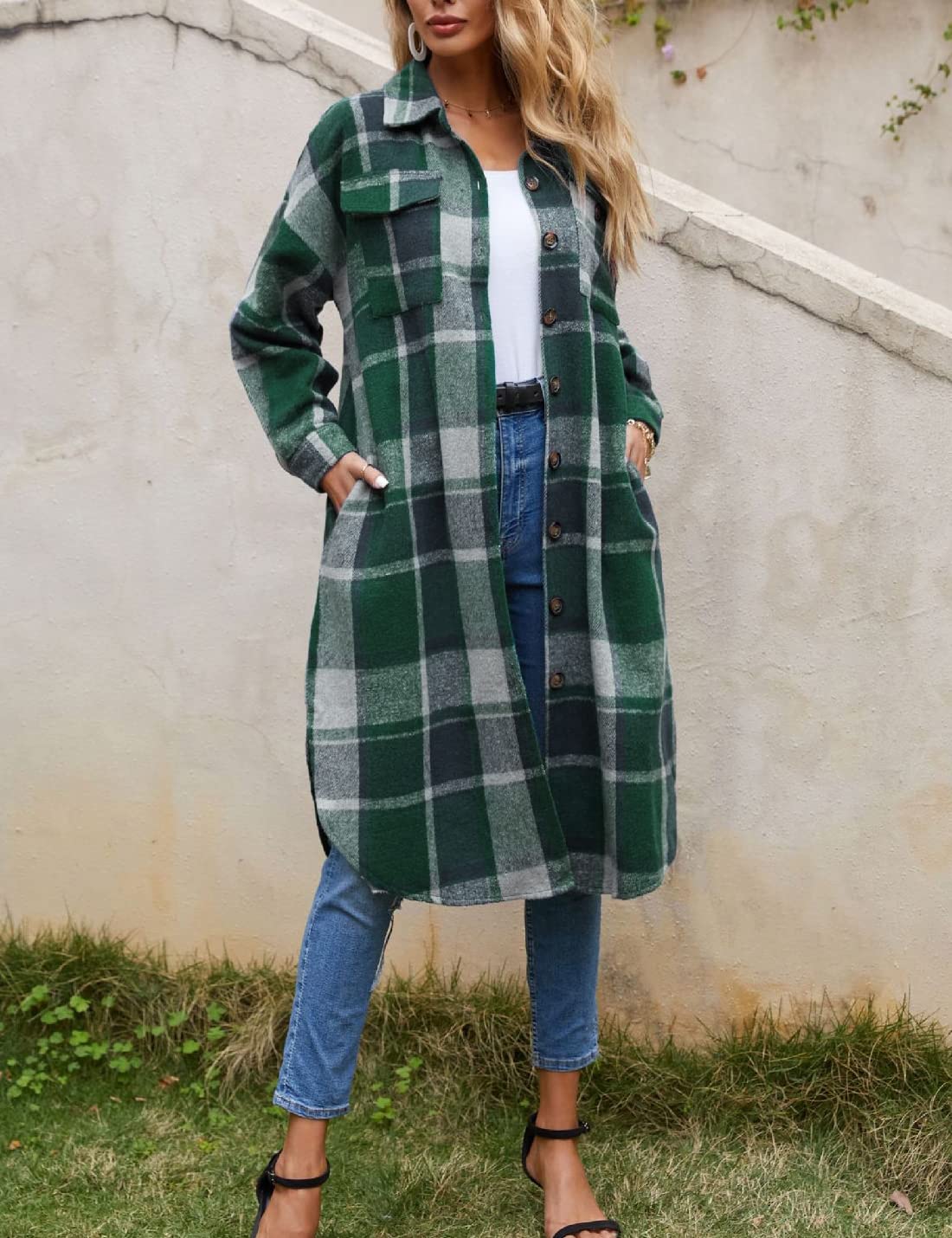 Sukany Lässiges Damen-Hemd mit Revers, Wollmischung, lang, kariert, Knopfleiste, langärmelig, Jacke