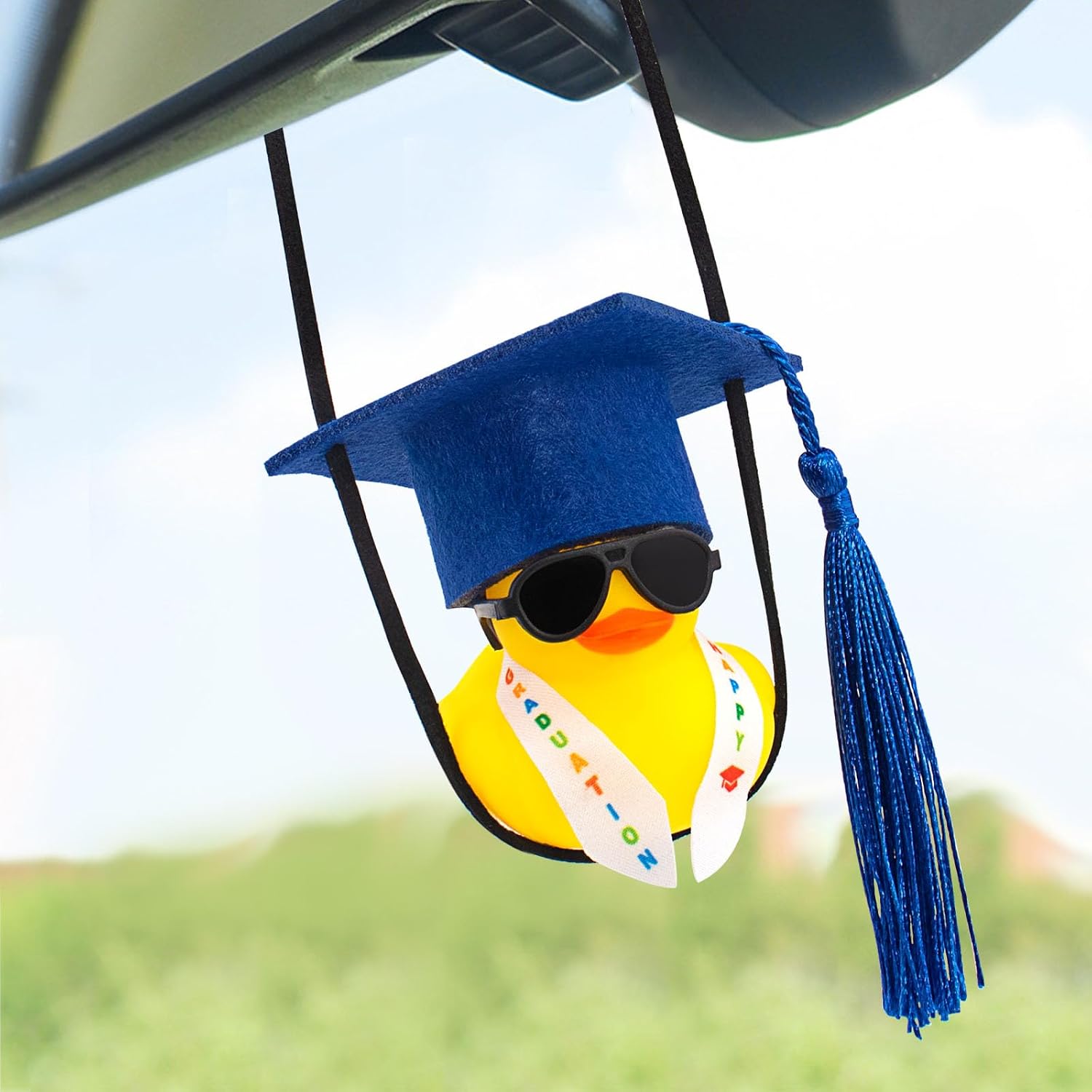 wonuu Graduation Swinging Rubber Duck with Stole Sash Sunglasses Grad Hat, Car Rearview Mirror Hanging Accessories Mini Ducky Ornament for Graduate Gifts, Dark Blue