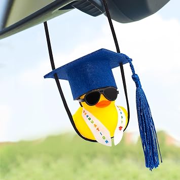 wonuu Graduation Swinging Rubber Duck with Stole Sash Sunglasses Grad Hat, Car Rearview Mirror Hanging Accessories Mini Ducky Ornament for Graduate Gifts, Dark Blue