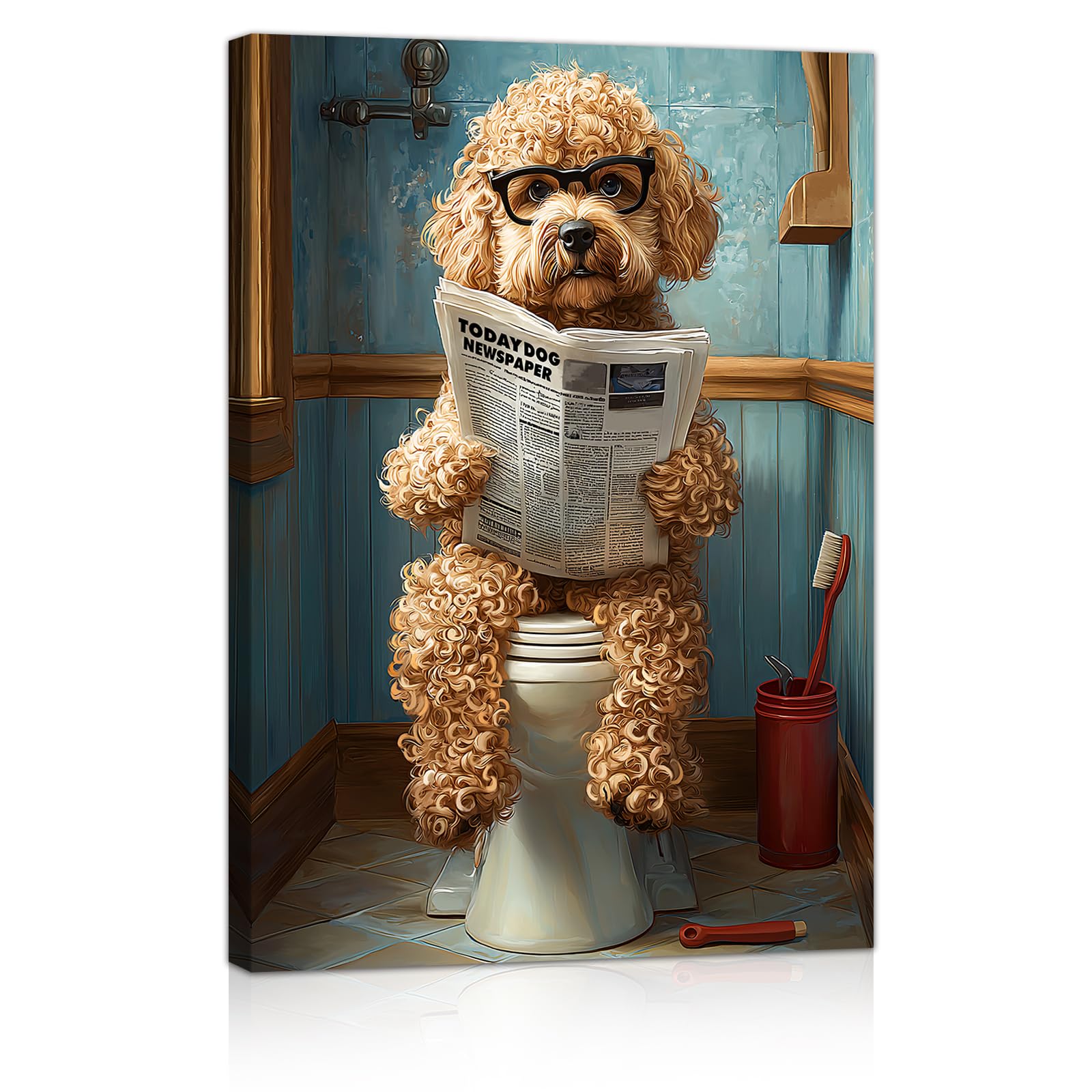 Funny Bathroom Canvas Wall Art Brown Poodle On Toilet Readin -1 Funny Bathroom Canvas Wall Art Brown Poodle On Toilet Readin -1