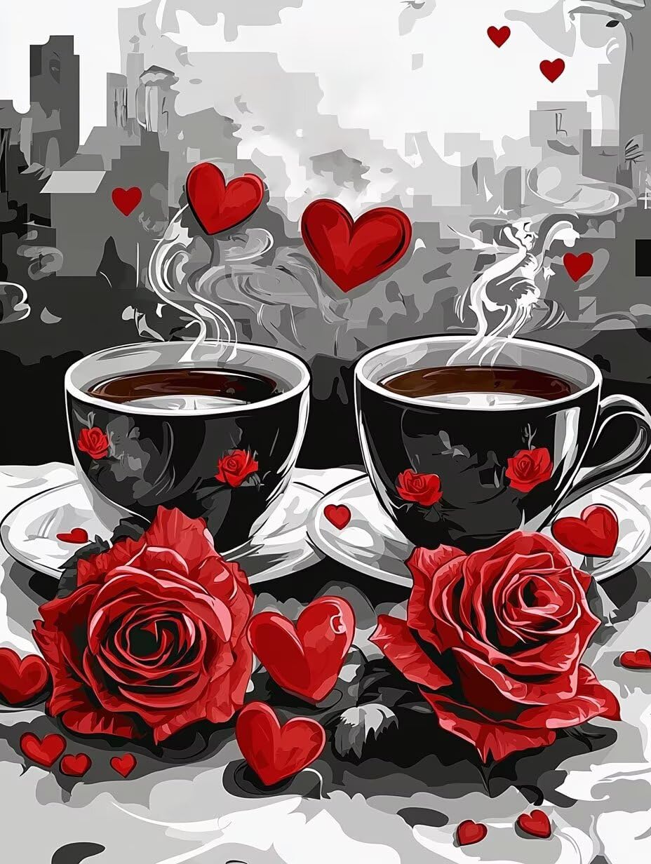 Rose mit Kaffee Malen Nach Zahlen Erwachsene Anfänger, 60x80cm c-640 | Handgemalt Ölgemälde Kit für Mädchen Jungen ab 7 8 9 Jahre, Rahmenlos, für die Wanddekoration zu Hause, DIY Acrylmalerei