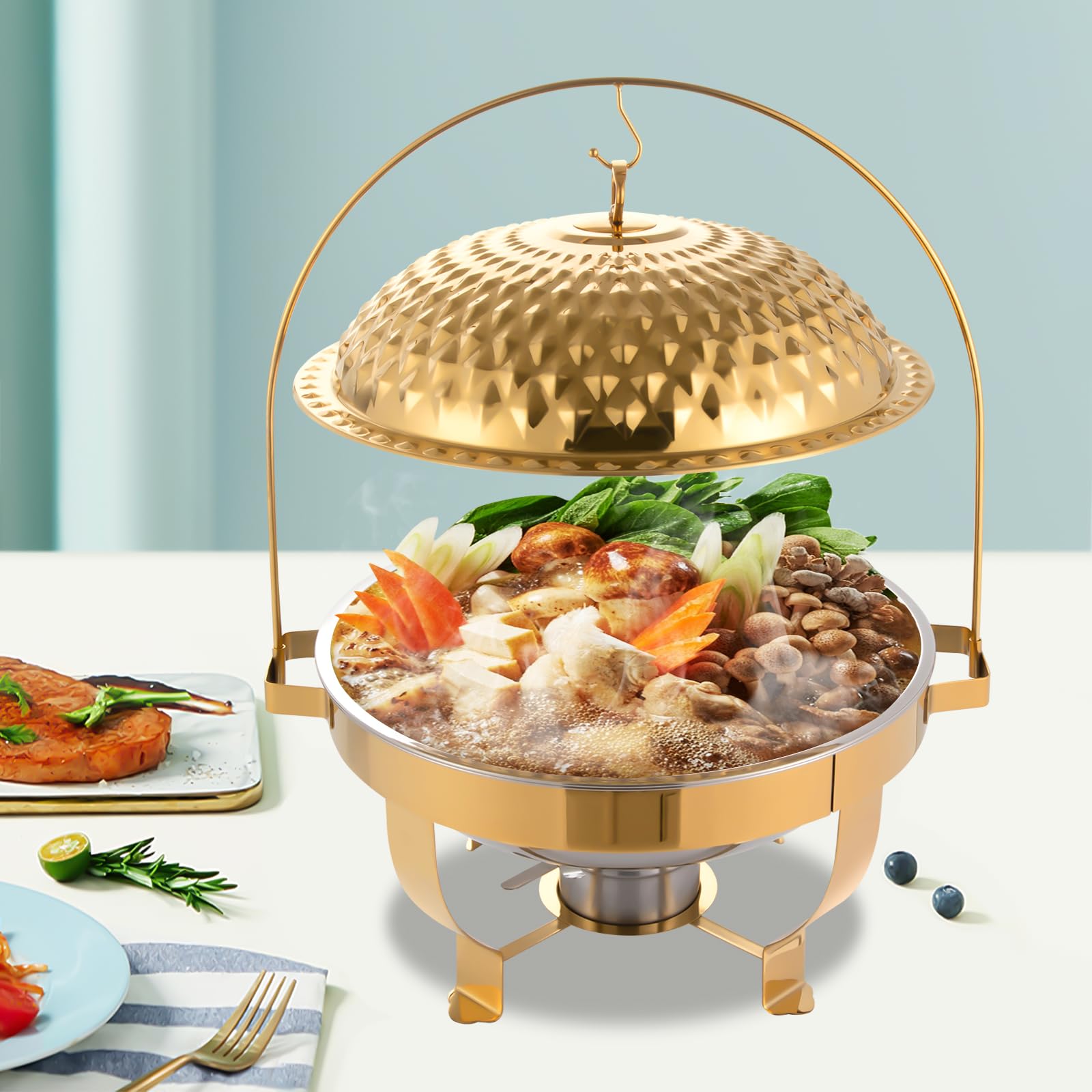 8L/8.5QT Stainless Steel Diamond Hanging Lid Stove,Gold Hanging Lid Dining Stove with Food & Water Basin,Stove Food Warmer for Banquet,Wedding,Buffet Restaurant