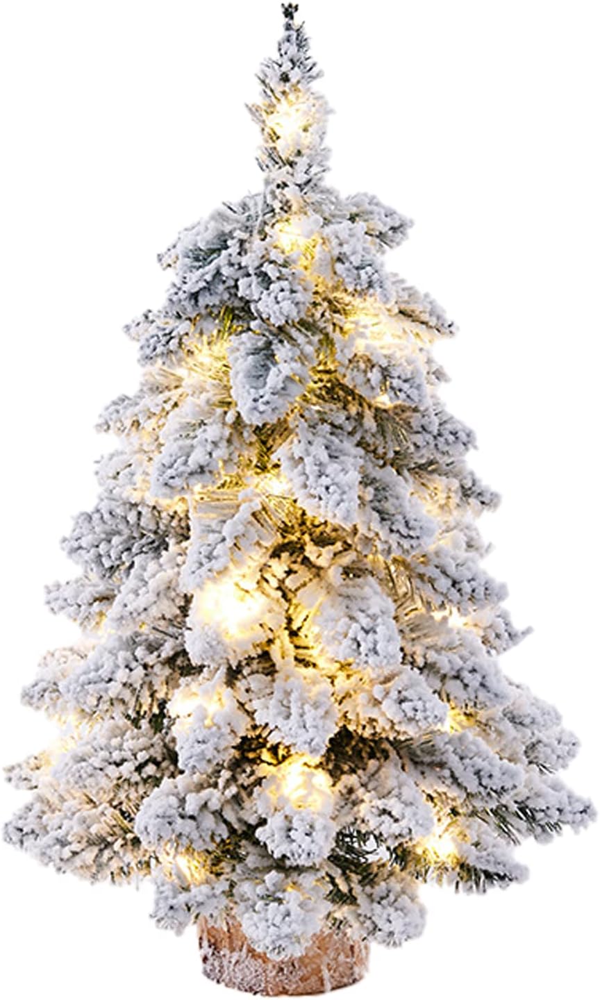 1 Pcs Prelit Tabletop Christmas Tree Snow Flocked Christmas Tree with Led Lights Wood Base Mini Xmas Pine Tree for Table Desk Home Christmas Decor