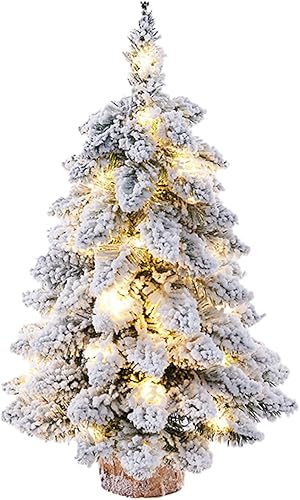 DCQRY Prelit - Mini árbol de Navidad, árbol de Navidad flocado de mesa de 18 pulgadas con luces y base de madera, árbol de pino de Navidad para