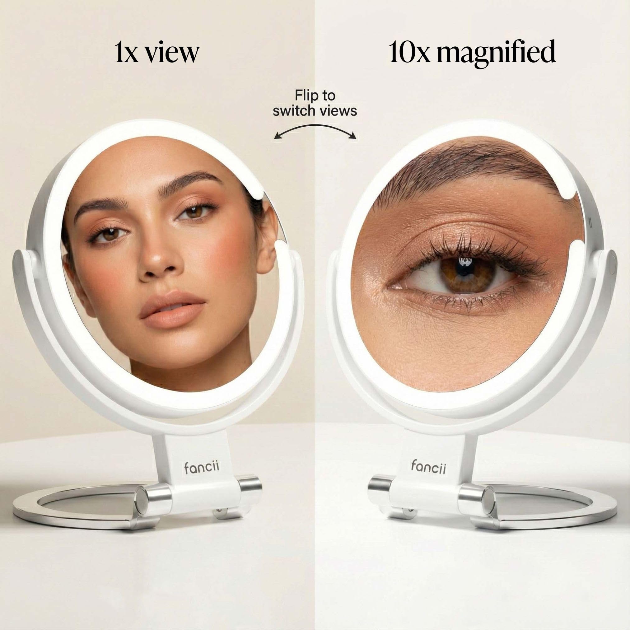 Fancii Miroir de voyage grossissant 10x/1x avec lumières, rechargeable | Miroir de maquillage extra large de 22,9 cm avec éclairage LED, miroir de courtoisie pliable, double face, 3 réglages de