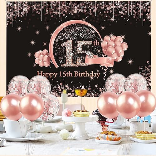 Miniatura 4 de Tecreo Cartel de fondo de decoración de feliz cumpleaños 15 para niñas, negro y rosa, 59 x 35.4 pulgadas