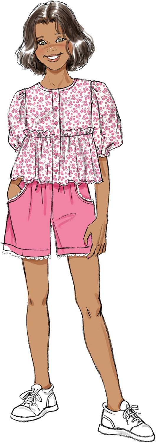 Butterick B7034A Girls' Boxy Fit Top, Pull-on Shorts, Pull-on Pants and Sash Sewing Pattern Packet, Design Code B7034, Sizes 7-8-10-12-14