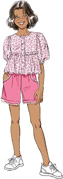 Butterick B7034A Girls' Boxy Fit Top, Pull-on Shorts, Pull-on Pants and Sash Sewing Pattern Packet, Design Code B7034, Sizes 7-8-10-12-14